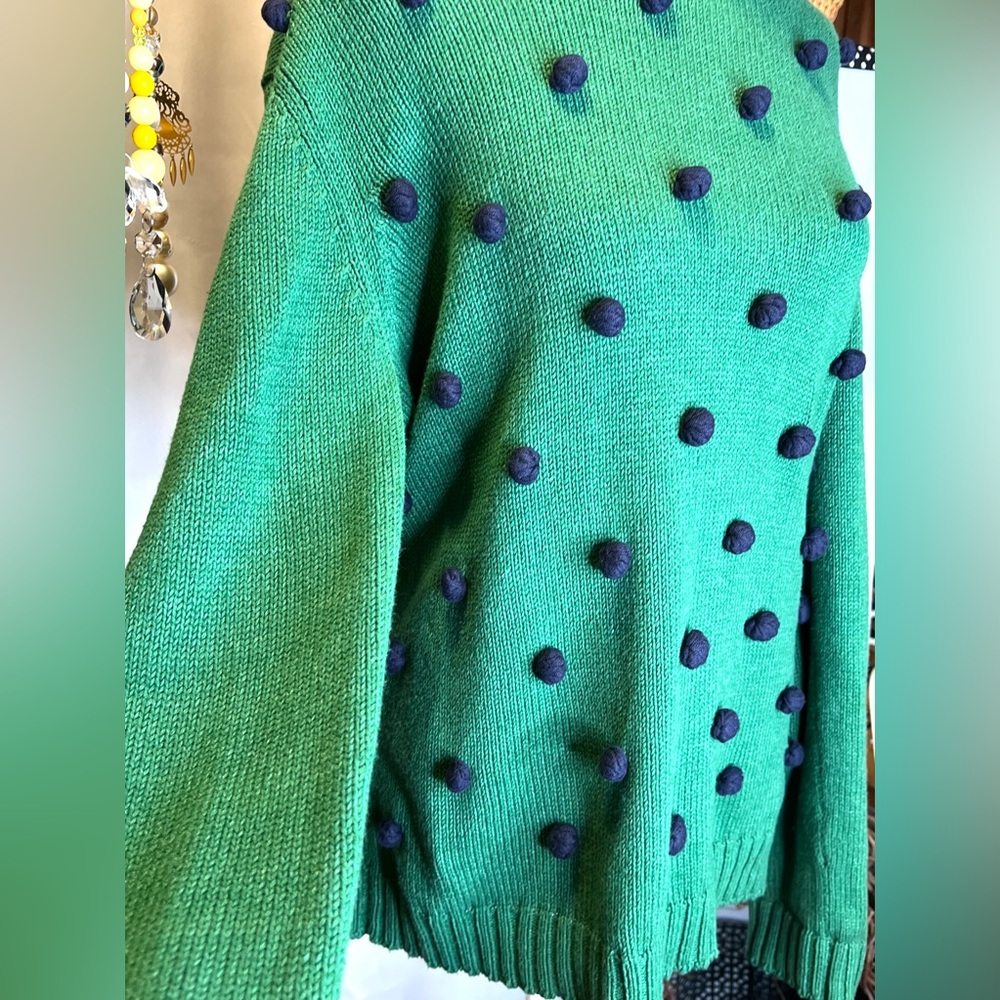 Talbots Green Sweater with Navy Pom Poms Size Medium - Picture 3 of 6